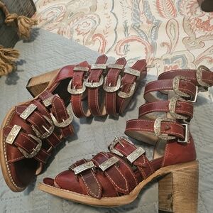 Freebird by Steven Red Strappy Heels W/ Metal Buckles